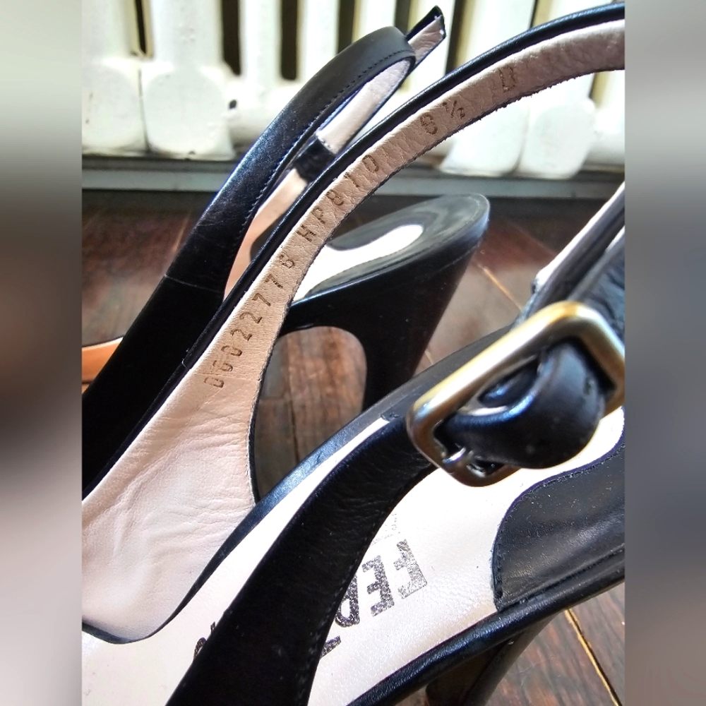 8.5 Salvatore Ferragamo Black Peep-Toe Slingback Heels Pumps - Picture 11 of 14